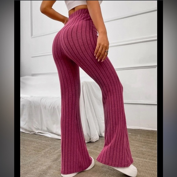 Ribbed Super Flare Bell Bottom Pants Barbie Pink stretch 70s Retro Boho 90s Y2K - Picture 2 of 5